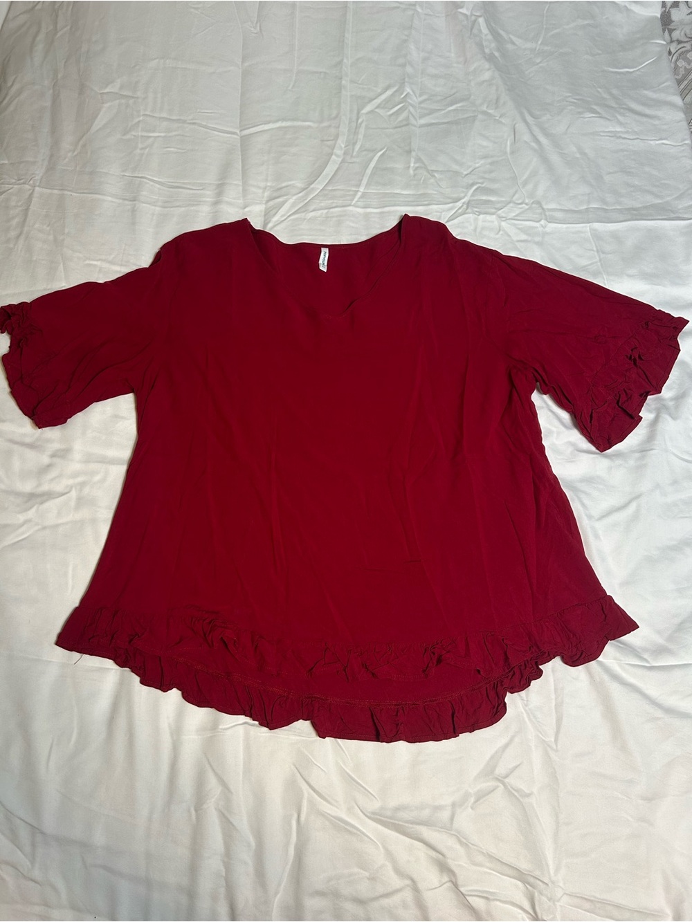 Ruffled V-Neck Blouse in Deep Red